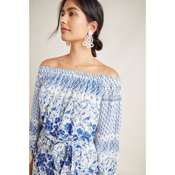 Anthropologie - White Blue Floral Romper/Jumpsuit - Picture 3 of 7